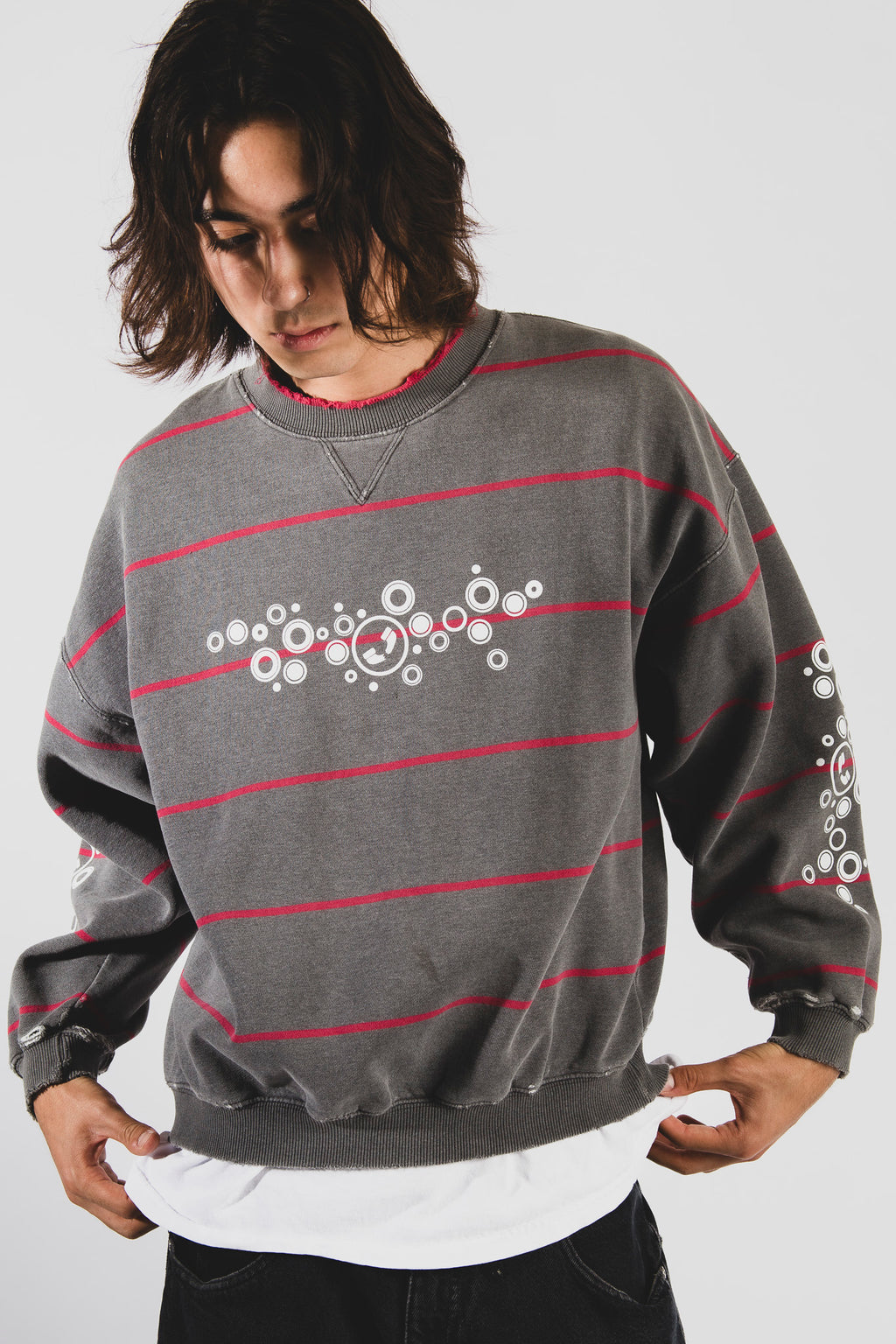 bubbles distressed stripe crewneck [L]