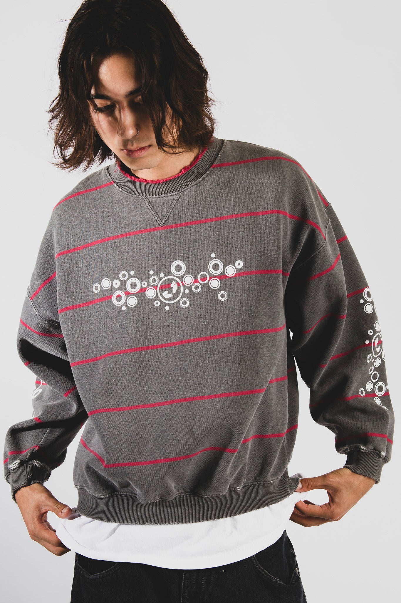 bubbles distressed stripe crewneck [L]