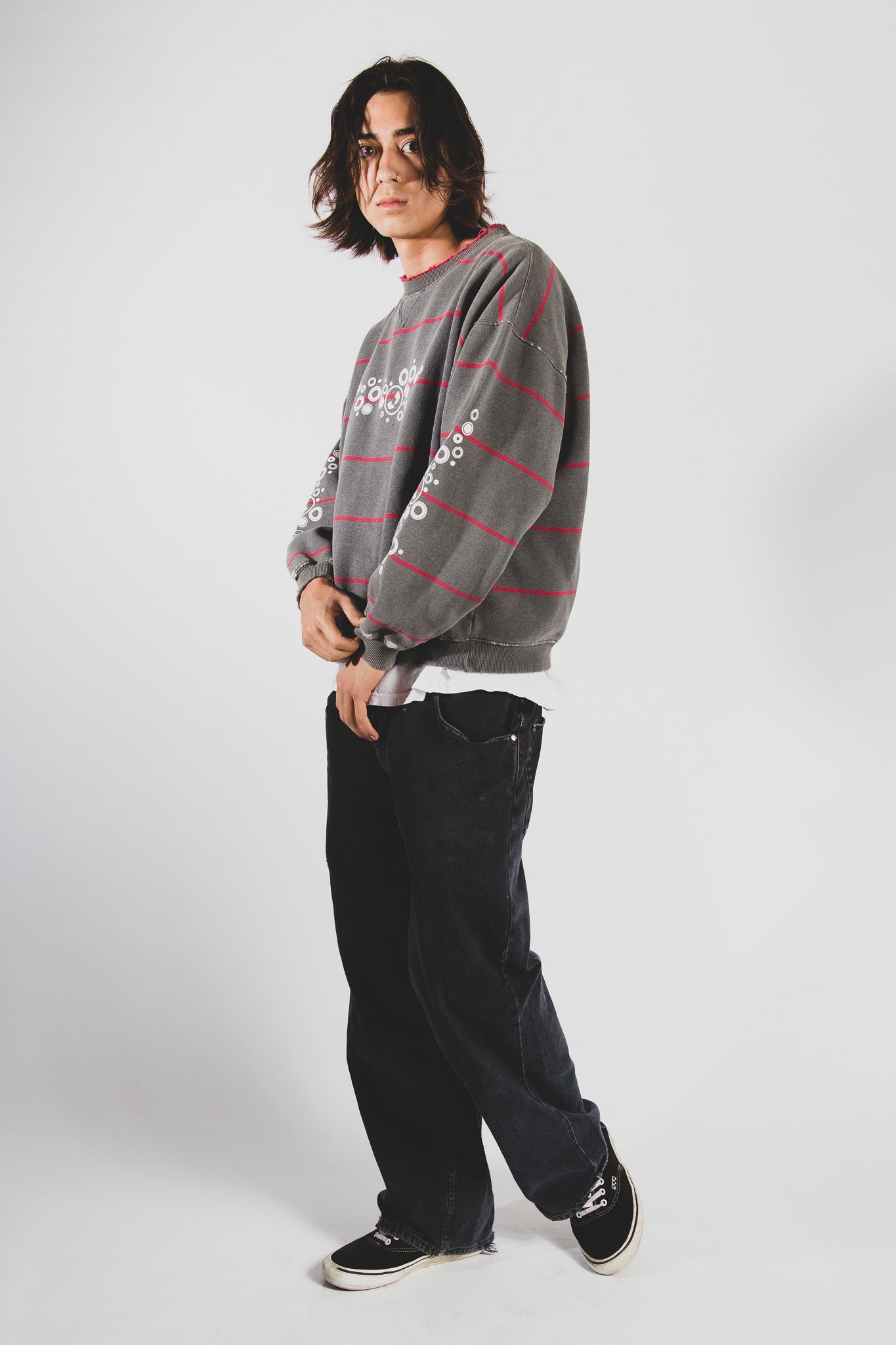 bubbles distressed stripe crewneck [L]